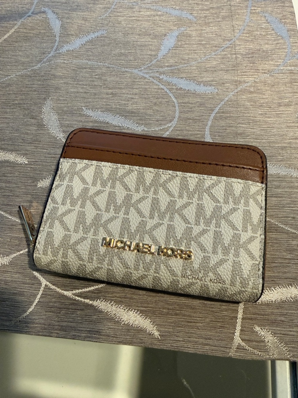 Michael Kors Beige and Brown Logo Zip Card Case